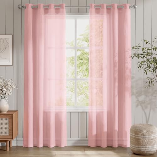 TOPICK Rosa Transparent Gardinen Voile Mit Ösen Gardine Vorhang Voile Kurz Sheer Vorhänge Gaze Paarig Ösenschals für Wohnzimmer Schlafzimmer Küche 210 cm x 140 cm(HxB) 2er - Set von TOPICK