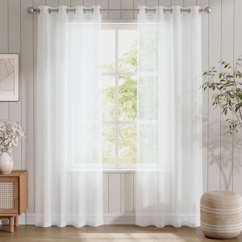 TOPICK Weiß Transparent Gardinen Voile Mit Ösen Gardine Vorhang Voile Kurz Sheer Vorhänge Gaze Paarig Ösenschals für Wohnzimmer Schlafzimmer Küche 210 cm x 140 cm(HxB) 2er - Set von TOPICK