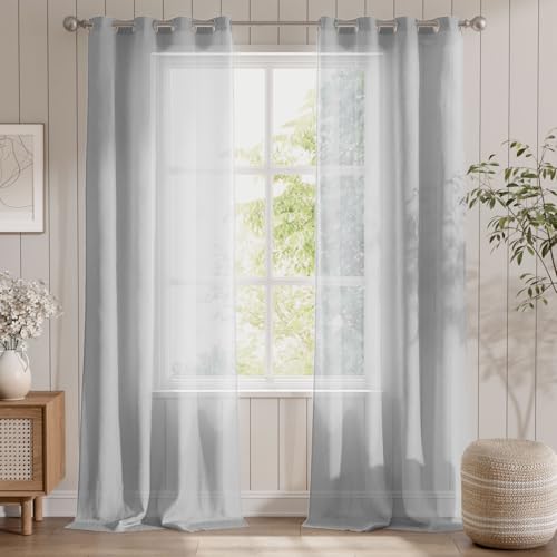 TOPICK Grau Stores Gardinen mit Ösen Extra Lange Gardinen für Küche Wohnzimmer Schlafzimmer Fenster Vorhänge Transparent Durchsichtig Voile Landhausstil Modern 2er Set 260H x 140B (cm) von TOPICK