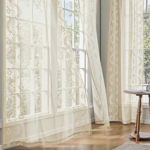 TOPICK Gardinen mit Ösen Gardinenschals 2er Set Vorhänge Wohnzimmer modern Schlafzimmer, H175xB140 cm Fenstervorhang Ösenvorhang Übergardinen Ösenschal Voile Vorhang Transparent Leinenoptik Beige von TOPICK