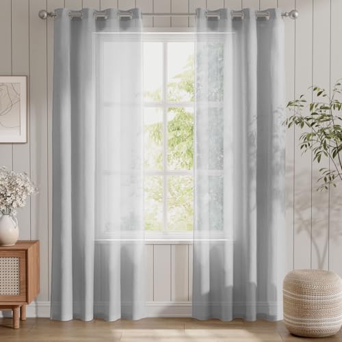 TOPICK Grau Transparent Gardinen Voile Mit Ösen Gardine Vorhang Voile Kurz Sheer Vorhänge Gaze Paarig Ösenschals für Wohnzimmer Schlafzimmer Küche 210 cm x 140 cm(HxB) 2er - Set von TOPICK