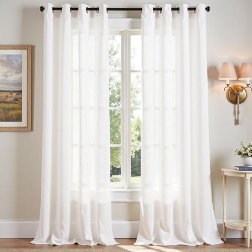 TOPICK Gardinen mit Ösen Weiß Leinen Vorhänge für Wohnzimmer Küche Kinderzimmer Schlafzimmer Vorhang Halbtransparent Ösenvorhang Landhausstil Modern Vintage Gardinen 2er Set 130B x 245H cm von TOPICK