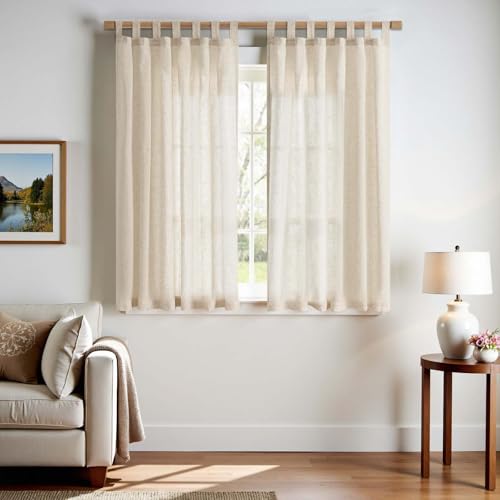 TOPICK Gardinen mit Schlaufen Leinen Vorhänge für Wohnzimmer Schlafzimmer Stores Fenster Halbtransparent Lichtfilterung Vorhang Bauernhaus Landhausstil Gardine küche 2er Set 140Bx145H (cm) Roh von TOPICK