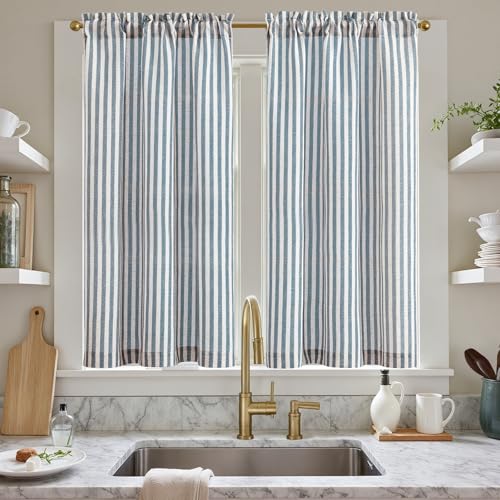 TOPICK 2er Set H 115 x B 65 (cm) Gestreifte Scheibengardinen Leinen Gardinen mit Streifen Küchenvorhang Blickdicht Kurz Küchengardinen für Küchen Esszimmer Badezimmer Klein Fenster Blau auf Beige von TOPICK