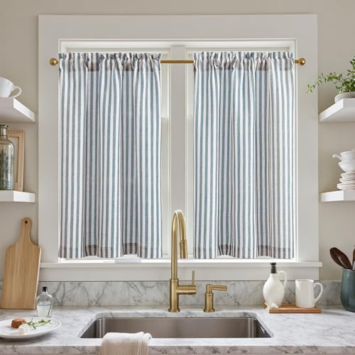 TOPICK 2er Set H 90 x B 65 (cm) Gestreifte Scheibengardinen Leinen Gardinen mit Streifen Küchenvorhang Blickdicht Kurz Küchengardinen für Küchen Esszimmer Badezimmer Klein Fenster Blau auf Beige von TOPICK