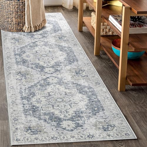 TOPICK Grau Läufer Flur Floral Teppich Waschbar Superdünne Vintage Blumenteppich Kurzflor Orientalischer Lang Küchenteppich Schlafzimmer Wohnzimmer Esszimmer Büro Faltbar Teppichläufer 60x300cm von TOPICK