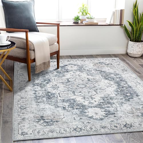 TOPICK Grau Läufer Flur Waschbar Superdünne Vintage Blumen Teppich Kurzflor Orientalischer Lang Floral Küchenteppich Schlafzimmer Wohnzimmer Esszimmer Büro Faltbar Teppichläufer 90x150cm von TOPICK