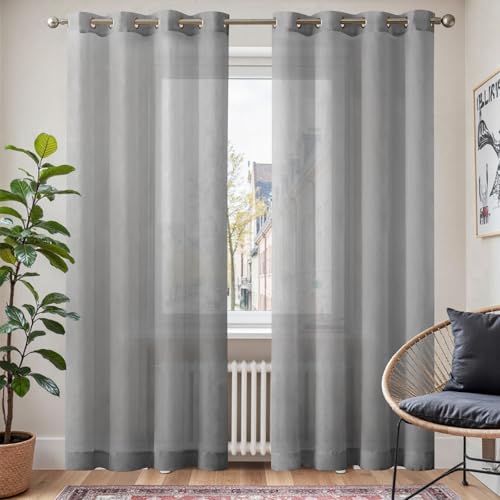 TOPICK Grau Stores Gardinen mit Ösen Kurz Gardinen für Küche Wohnzimmer Schlafzimmer Fenster Vorhänge Transparent Durchsichtig Voile Landhausstil Modern Fenstergardinen 2er Set 145H x 140B (cm) von TOPICK
