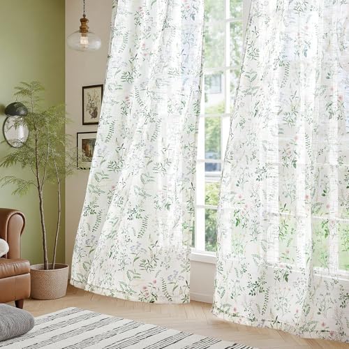 TOPICK Grün Gardinen mit Kräuselband Sheer Voile Blumen Vorhänge für Schienensystem mit Verdeckten Schlaufen Transparente für Wohnzimmer Fenster Landhausstil 2er Set H145xB127(cm) von TOPICK