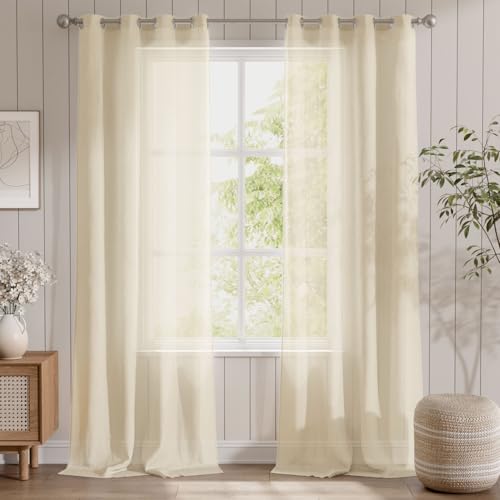 TOPICK Beige Leinenoptik Stores Gardinen mit Ösen Extra Lange Gardinen für Küche Wohnzimmer Schlafzimmer Fenster Vorhänge Transparent Durchsichtig Voile Landhausstil Modern 2er Set 280H x 140B (cm) von TOPICK