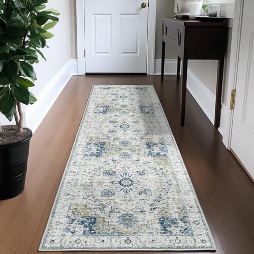TOPICK Hellblau Läufer Flur Floral Teppich Waschbar Superdünne Vintage Blumenteppich Kurzflor Orientalischer Lang Küchenteppich Schlafzimmer Wohnzimmer Esszimmer Faltbar Teppichläufer 60x300cm von TOPICK