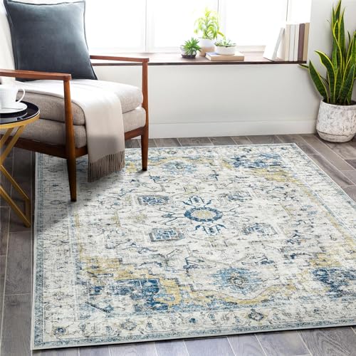 TOPICK Hellblau Teppich Floral Waschbar Superdünne Vintage Blumenteppich Faltbar Flower Kurzflor Läufer Orientalischer Teppichläufer Küchen Schlafzimmer Wohnzimmer Esszimmer Büro 210x300cm von TOPICK