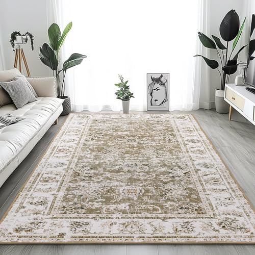 TOPICK Hellbraun Teppich 120x180cm Wohnzimmer Waschbar Superdünne Vintage Blumen Kurzflor Lang Küche Schlafzimmer Wohnzimmer Mädchen Floral Antirutschunterlage Zusammenklappbar von TOPICK