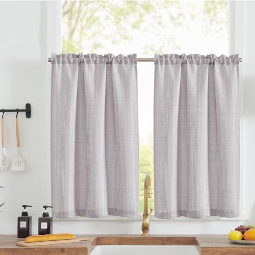 TOPICK Scheibengardinen Küche Hellgrau Bistrogardine mit Tunnelzug Modern Gardinen Kurz Blickdicht Leinenoptik Küchengardinen für Kleine Fenster Wohnmobil Küchenfenster 2er Set 70Bx60H cm von TOPICK