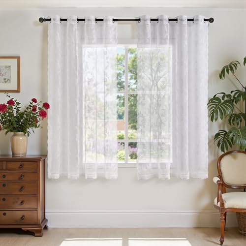 TOPICK Spitzen Gardinen Transparent H 175 x B 150 (cm) 2er Set Lace Vorhänge Schal Rose Gardine mit Ösen Durchsichtig Vorhang für Wohnzimmer Esszimmer Schlafzimmer Weiß von TOPICK