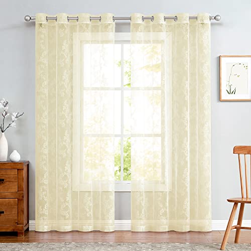 TOPICK Spitzen Gardinen Transparent Lace Vorhänge Schal Rose Gardine mit Ösen Durchsichtig Vorhang für Wohnzimmer Esszimmer Schlafzimmer Beige 150 x 225 cm 2er Set von TOPICK