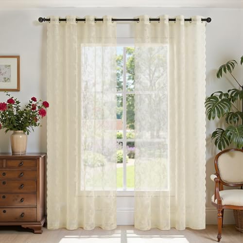 TOPICK Spitzen Gardinen Transparent Lace Vorhänge Schal Rose Gardine mit Ösen Durchsichtig Vorhang für Wohnzimmer Esszimmer Schlafzimmer Beige 140 x 225 cm 2er Set von TOPICK