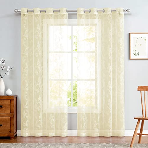 TOPICK Spitzen Gardinen Transparent H 245 x B 150 (cm) 2er Set Lace Vorhänge Schal Rose Gardine mit Ösen Durchsichtig Vorhang für Wohnzimmer Esszimmer Schlafzimmer Beige von TOPICK
