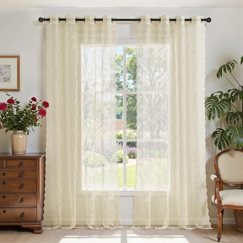 TOPICK Spitzen Gardinen Transparent H 245 x B 150 (cm) 2er Set Lace Vorhänge Schal Rose Gardine mit Ösen Durchsichtig Vorhang für Wohnzimmer Esszimmer Schlafzimmer Beige von TOPICK