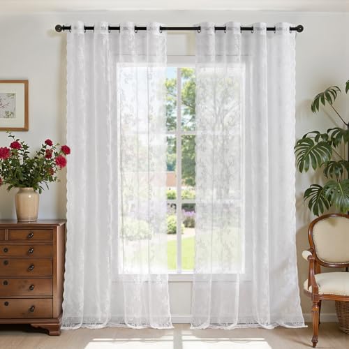 TOPICK Lace Gardinen Transparent Vorhänge Schal Rose Gardine mit Ösen Durchsichtig Vorhang für Wohnzimmer Esszimmer Schlafzimmer Weiß 140 x 245 cm 2er Set von TOPICK