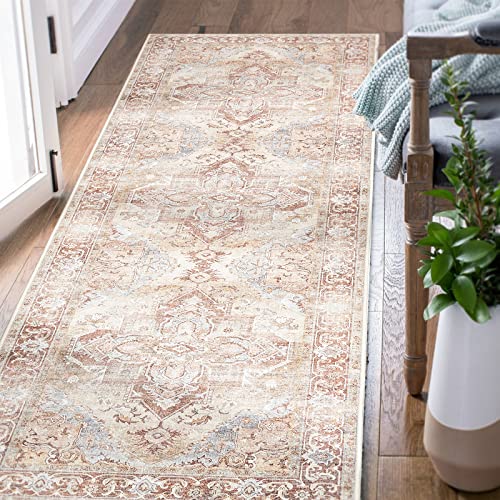 TOPICK Läufer Flur Waschbar Ziegelrot Küche Läufer Vintage Blume Orientalischer Dünner Faltbar Teppich für Brücken Schlafzimmer Wohnzimmer Tisch rutschfest Teppichläufer Flurteppich 60x180cm von TOPICK