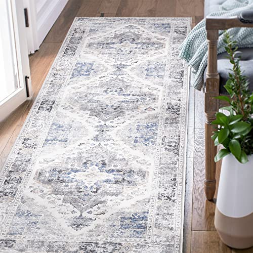 TOPICK Läufer Flur Waschbar Grau Küche Läufer Vintage Blume Orientalischer Dünner Faltbar Teppich für Brücken Schlafzimmer Wohnzimmer Tisch rutschfest Teppichläufer Flurteppich 60x180cm von TOPICK