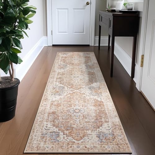 TOPICK Läufer 60x150cm Ziegelrot Flur Floral Teppich Waschbar Superdünne Faltbar Vintage Blumenteppich Kurzflor Orientalischer Küchenteppich Eingangsmatte Büro Teppichläufer von TOPICK