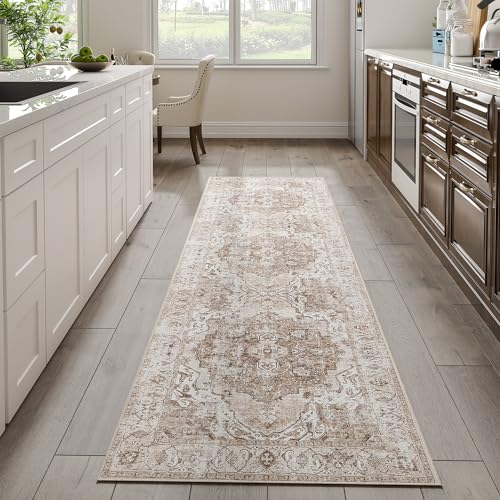TOPICK Läufer 60x300cm Braun Area Teppich Wohnzimmerteppich Vintage Multi Blumendruck rutschfest Dünner Waschbar Teppich Bodenbelag Faltbar für Innenbereich Büro Schlafzimmer Küche von TOPICK