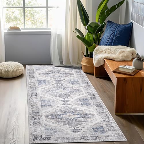 TOPICK Läufer Flur Waschbar Grau Küche Läufer Vintage Blume Orientalischer Dünner Faltbar Teppich für Brücken Schlafzimmer Wohnzimmer Tisch rutschfest Teppichläufer Flurteppich 60x300cm von TOPICK