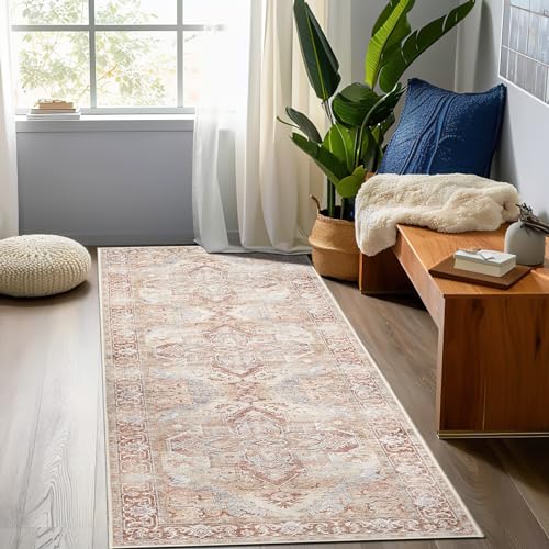 TOPICK Läufer 60x300cm Teppichläufer Flur Ziegelrot Faltbarer Teppich Vintage Teppiche rutschfeste Teppich Retro Elegante Läufer Lang Teppich Küche Wohnzimmer Schlafzimmer Esszimmer von TOPICK