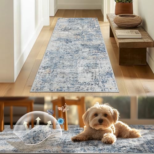 TOPICK Läufer Flur Waschbar Küche Läufer Modern Abstrakte Teppich Dünner Antibakterieller Faltbar rutschfest Teppich für Brücken Schlafzimmer Wohnzimmer Tisch Flur Eingangsbereich 60x150cm Blau von TOPICK