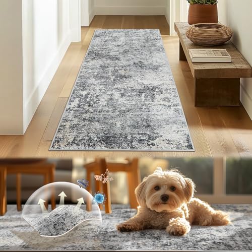 TOPICK Läufer Flur Waschbar Küche Läufer Modern Abstrakte Teppich Dünner Antibakterieller Faltbar rutschfest Teppich für Brücken Schlafzimmer Wohnzimmer Tisch Flur Eingangsbereich 60x150cm Grau von TOPICK