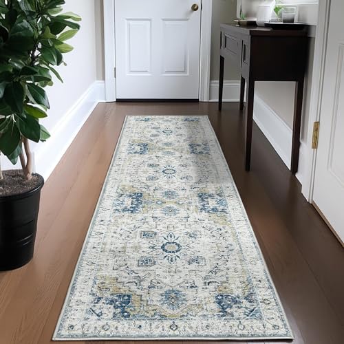 TOPICK Läufer Flur Waschbar Superdünne Vintage Blumen Teppich Kurzflor Orientalischer Floral Küchenteppich Lang Teppichläufer 60x210cm Hellblau Schlafzimmer Wohnzimmer Esszimmer Büro Faltbar von TOPICK