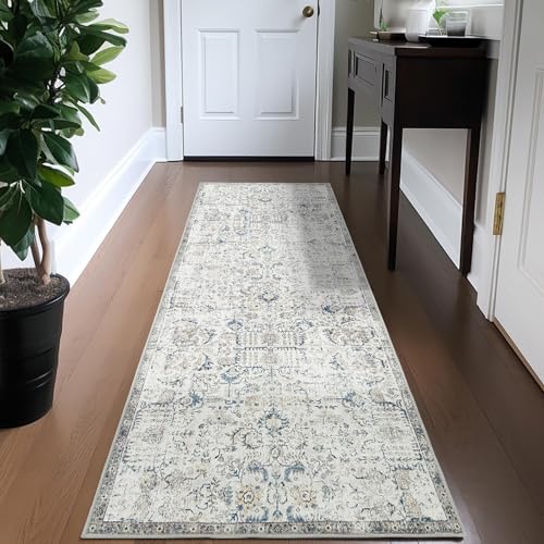 TOPICK Läufer Teppich 60x210cm Teppiche Vintage Teppichläufer Flur Innen Teppich Retro Faltbar Dünner Teppich Blau Multi Floral Boho Läufer rutschfeste Badezimmer Küche Schlafzimmer Wohnzimmer von TOPICK