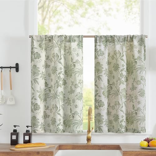 TOPICK Leinen Scheibengardinen 2er Set H60xB65(cm) Blumen Küchenvorhänge Kurz Bedrucktem landhausstil Bistrogardine Halbtransparent Gardinen Fenster Vorhänge für Wohnzimmer Grün auf Beige von TOPICK