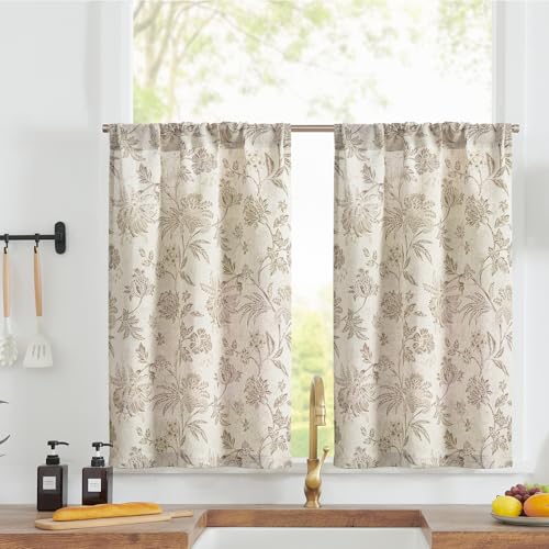 TOPICK Leinen Scheibengardinen 2er Set H60xB65(cm) Blumen Küchenvorhänge Kurz Bedrucktem landhausstil Bistrogardine Halbtransparent Gardinen Fenster Vorhänge für Wohnzimmer Braun auf Beige von TOPICK