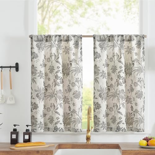 TOPICK Leinen Scheibengardinen 2er Set H90xB65(cm) Blumen Küchenvorhänge Kurz Bedrucktem landhausstil Bistrogardine Halbtransparent Gardinen Fenster Vorhänge für Wohnzimmer Grau auf Beige von TOPICK