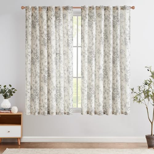 TOPICK Leinen Gardinen Floral Vorhänge mit verdeckten Schlaufen Lichtdurchlässig Bauernhaus Lang Gardinen Fensterschal für Wohnzimmer Schlafzimmer Fenster,2er Set 140 B x 145 H (cm),Grau auf Beige von TOPICK