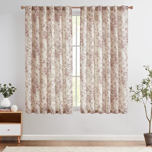 TOPICK Leinen Gardinen Floral Vorhänge mit verdeckten Schlaufen Lichtdurchlässig Bauernhaus Lang Gardinen Fensterschal für Wohnzimmer Schlafzimmer Fenster,2er Set 140 B x 145 H (cm),Rot auf Beige von TOPICK