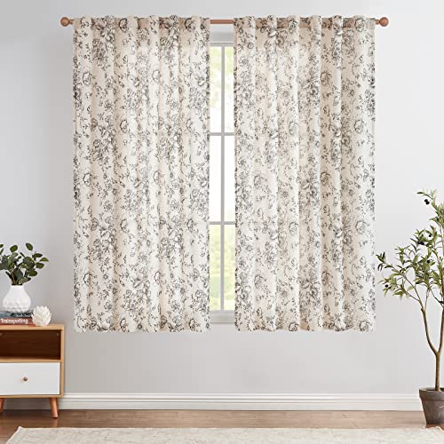 TOPICK Leinen Gardinen Floral Vorhänge mit verdeckten Schlaufen Lichtdurchlässig Bauernhaus Lang Gardinen Fensterschal für Wohnzimmer Schlafzimmer Fenster,2er Set 140 B x 145 H (cm),Schwarz auf Beige von TOPICK