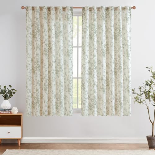 TOPICK Leinen Gardinen Floral Vorhänge mit verdeckten Schlaufen Lichtdurchlässig Bauernhaus Lang Gardinen Fensterschal für Wohnzimmer Schlafzimmer Fenster,2er Set 140 B x 175 H (cm),Grün auf Beige von TOPICK