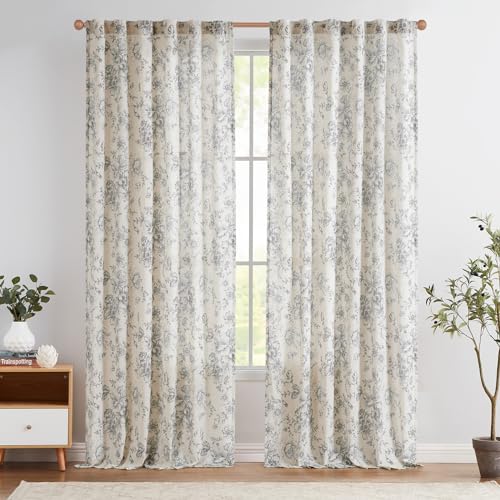 TOPICK Leinen Gardinen Floral Vorhänge mit verdeckten Schlaufen Lichtdurchlässig Bauernhaus Lang Gardinen Fensterschal für Wohnzimmer Schlafzimmer Fenster,2er Set 140 B x 210 H (cm),Grau auf Beige von TOPICK