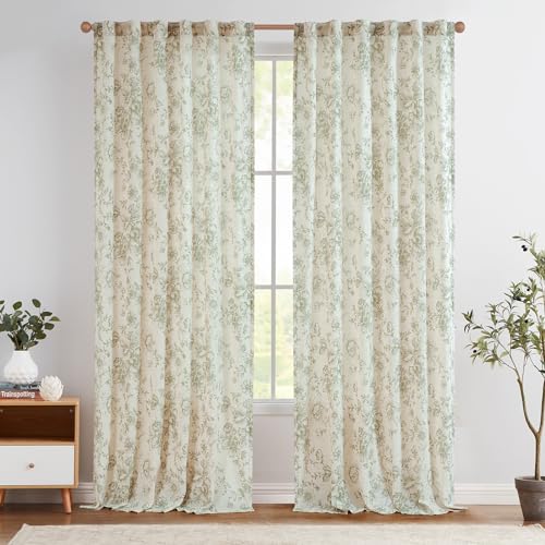 TOPICK Leinen Gardinen Floral Vorhänge mit verdeckten Schlaufen Lichtdurchlässig Bauernhaus Lang Gardinen Fensterschal für Wohnzimmer Schlafzimmer Fenster,2er Set 140 B x 210 H (cm),Grün auf Beige von TOPICK