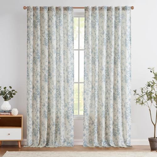 TOPICK Leinen Gardinen Floral Vorhänge mit verdeckten Schlaufen Lichtdurchlässig Bauernhaus Lang Gardinen Fensterschal für Wohnzimmer Schlafzimmer Fenster,2er Set 140 B x 225 H (cm),Blau auf Beige von TOPICK