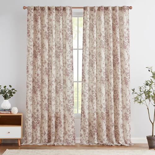 TOPICK Leinen Gardinen Floral Vorhänge mit verdeckten Schlaufen Lichtdurchlässig Bauernhaus Lang Gardinen Fensterschal für Wohnzimmer Schlafzimmer Fenster,2er Set 140 B x 225 H (cm),Rot auf Beige von TOPICK