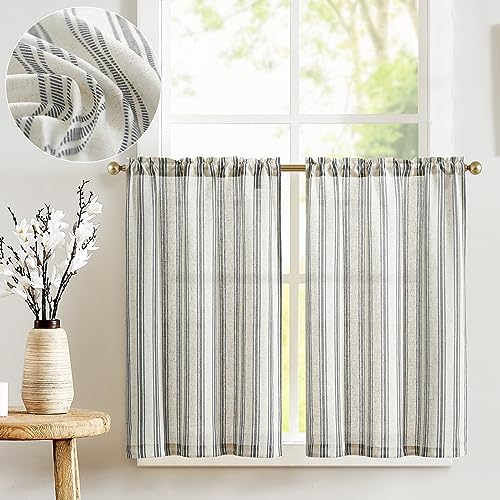 TOPICK Leinen Gestreifte Scheibengardinen Halbtransparent Bistrogardine Sheer Vorhang Privatsphäre Fenstervorhang Gardine für kleine Fenster Küche Bad Wohnzimmer 2er Set 65Bx60H(cm) Schwarz auf Beige von TOPICK