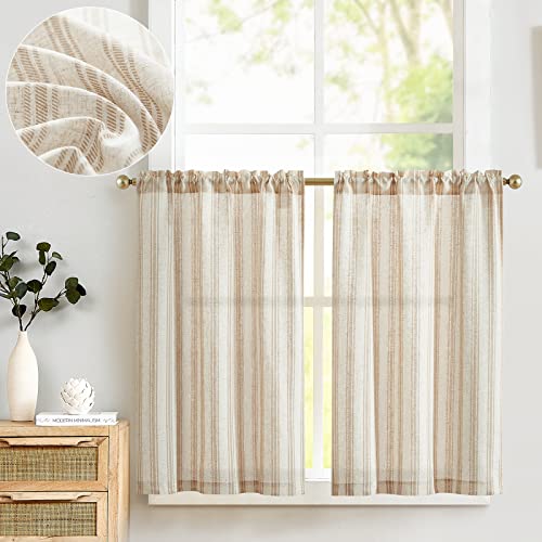 TOPICK Leinen Gestreifte Scheibengardinen Halbtransparent Bistrogardine Sheer Vorhang Privatsphäre Fenstervorhang Gardine für kleine Fenster Küche Bad Wohnzimmer 2er Set 65Bx90H(cm) Braun auf Beige von TOPICK