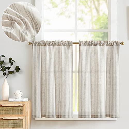 TOPICK Leinen Gestreifte Scheibengardinen Halbtransparent Bistrogardine Sheer Vorhang Privatsphäre Fenstervorhang Gardine für kleine Fenster Küche Bad Wohnzimmer 2er Set 65Bx90H(cm) Grau auf Beige von TOPICK