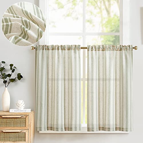 TOPICK Leinen Gestreifte Scheibengardinen Halbtransparent Bistrogardine Sheer Vorhang Privatsphäre Fenstervorhang Gardine für kleine Fenster Küche Bad Wohnzimmer 2er Set 65Bx90H(cm) Grün auf Beige von TOPICK