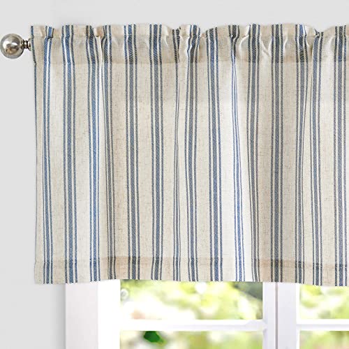 TOPICK Leinen Gestreifter Scheibengardine Halbtransparent Bistrogardine Sheer Vorhang Privatsphäre Fenstervorhang Gardine für kleine Fenster Küche Wohnzimmer Landhaus 1er 125Bx45H(cm) Blau auf Beige von TOPICK